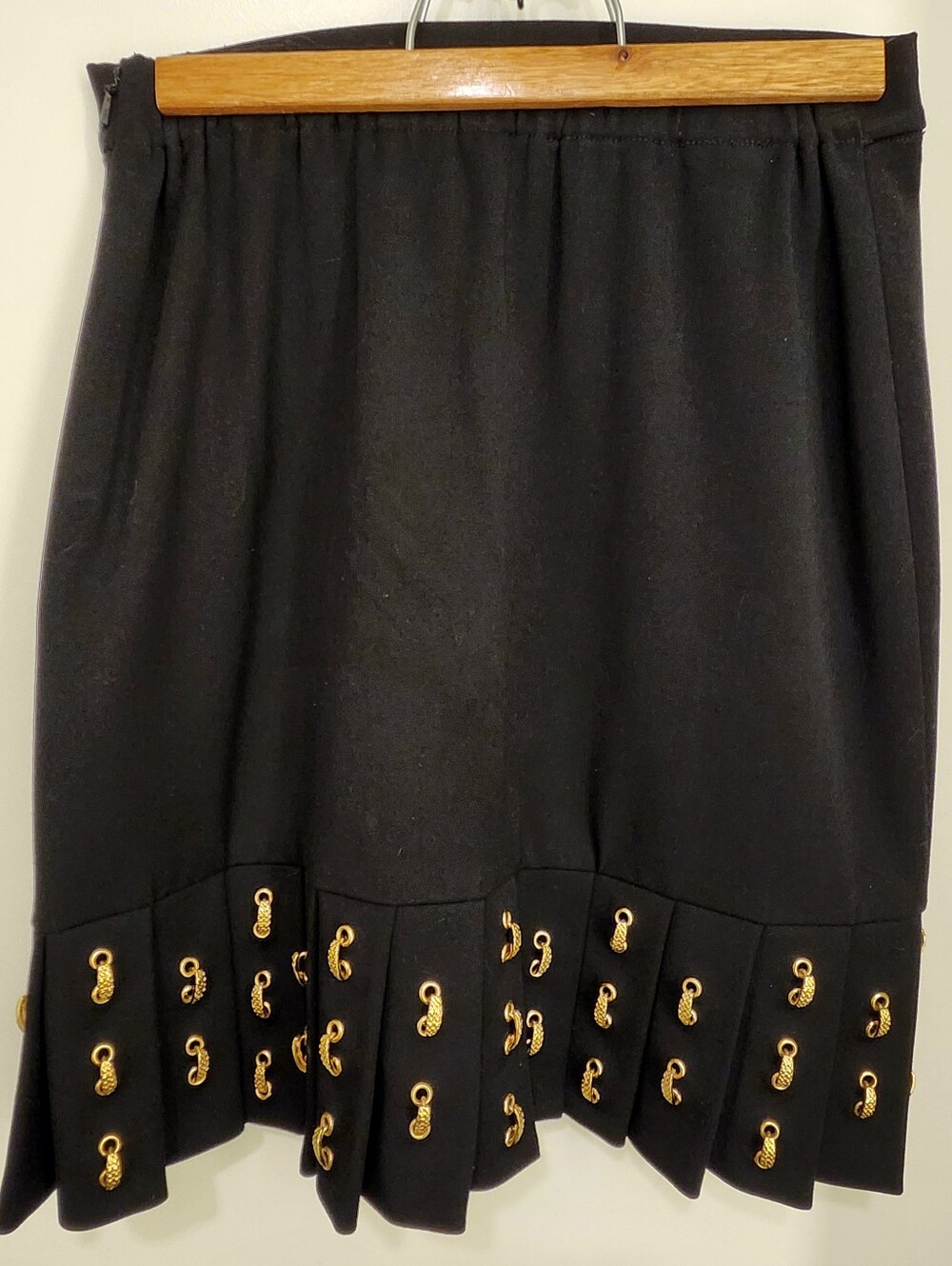 St. John Couture by Marie Gray Black Pleated Skirt With Gold Metal Accents
